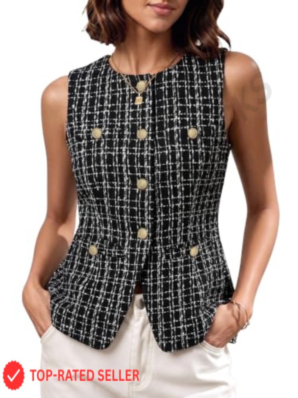 Tweed Vest Women Sleeveless Button Front